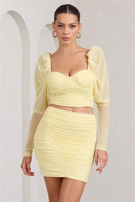 Butterfly Yellow Puff Sleeve Ruched Crop Top Club L London Usa