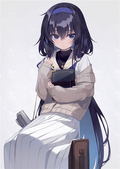 Ui Blue Archive 1girl Solo Long Hair Hairband Skirt Black Hair Book Illustration Images