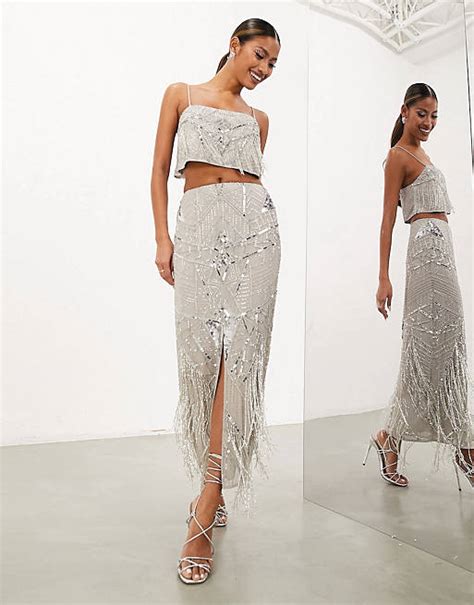 Asos Edition Sequin And Fringe Artwork Cami Top And Midi Skirt In Pale