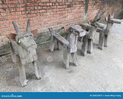 A Row Of Wooden Horse Shaped Bench At The Park Stock Photo Image Of