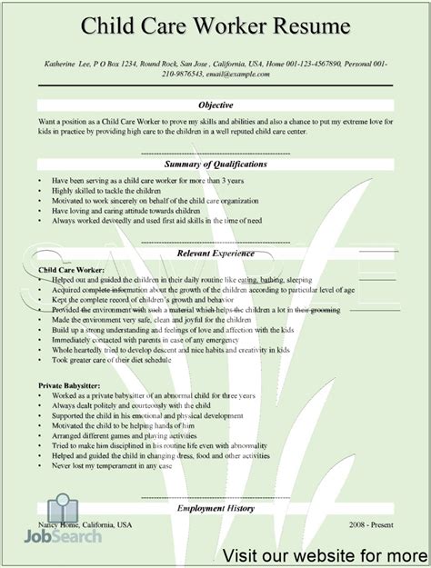 Child Care Resume Objective Resume Ideas
