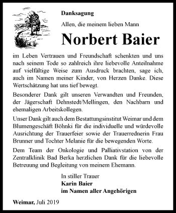 Traueranzeigen Von Norbert Baier Trauer In Thueringen De