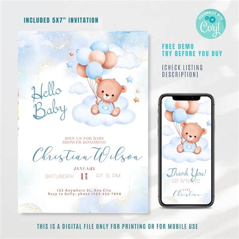 Teddy Bear Baby Shower Invitation Editable Teddy Bear Party Invitation