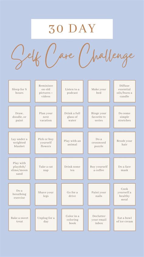 30 Day Self Care And Mental Health Challenge Printable Worksheet Etsy