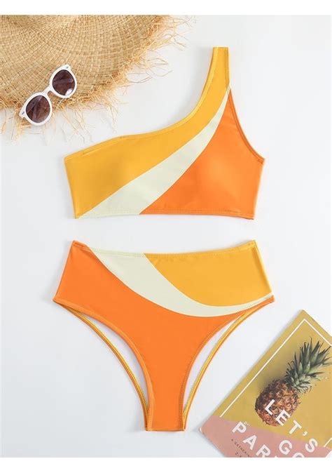 Ikkb Yeni Renk Bloklu Tek Omuz Bölünmüş Moda İki Parçalı Kaplıca Plaj Bikini Seti Kadın Mayo