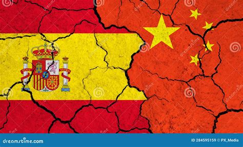 Flags Of Spain And China On Cracked Surface Stock Image Image Of