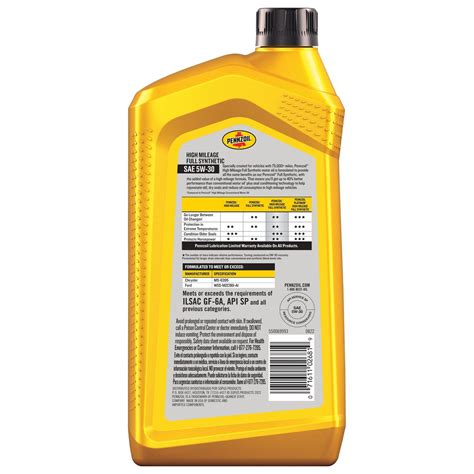 Pennzoil High Mileage Full Synthetic Engine Oil 5w 30 1 Quart