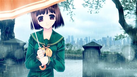 Wallpaper Anime Girls Short Hair Brunette Looking At Viewer Rain