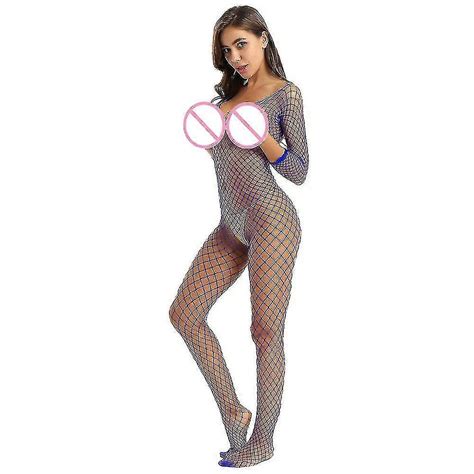 Women Hollow Out Fishnet Bodysuit Sexy Hot Lingerie Long Sleeves Open Crotch Closed Toes