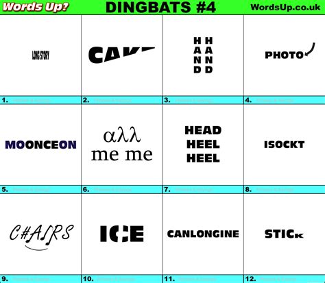 Dingbats Quiz #4 » Find the answers to over 730 Dingbats! » Words Up Games