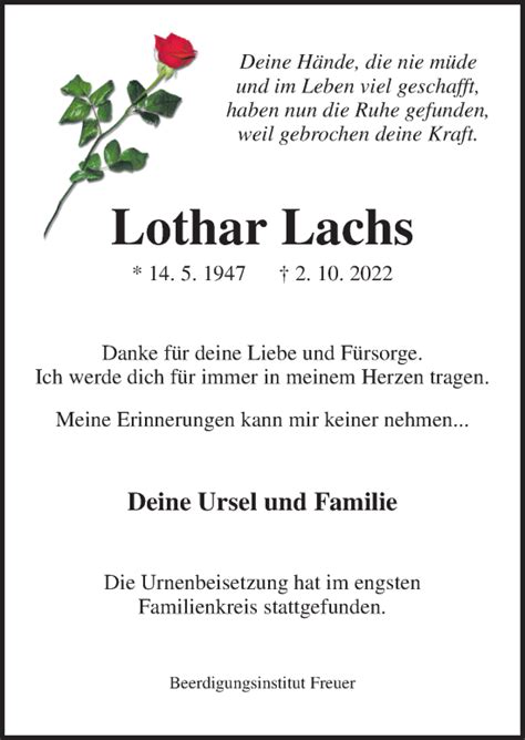 Traueranzeigen Von Lothar Lachs Noz Trauerportal