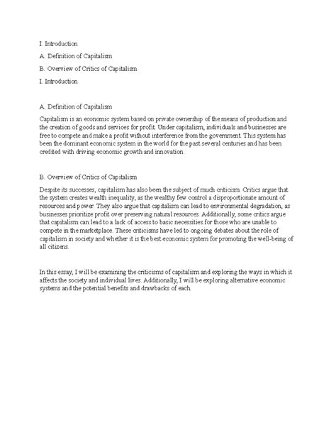 Critics of Capitalism 1 - I. Introduction A. Definition of Capitalism B