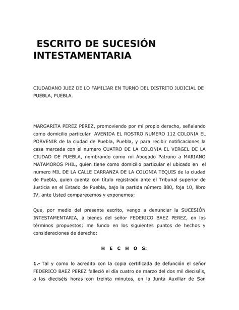 Ejemplo De Escrito De Sucesi N Intestamentaria Escrito De Sucesi N