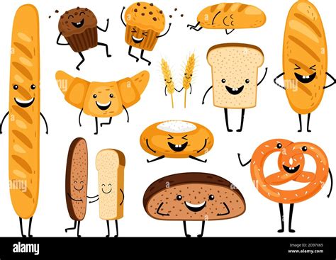 Bread Characters Funny Tasty Bakery Pastries Cartoon Happy Breads