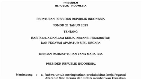 Peraturan Presiden Nomor Tahun Tentang Hari Kerja Dan Jam Kerja