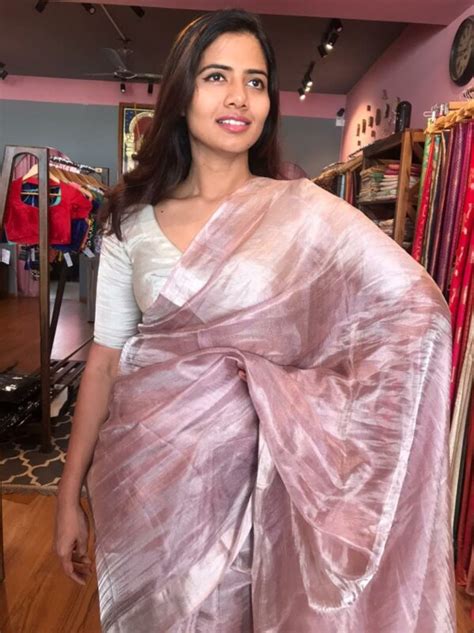 Onion Pink Tissue Silk Saree With Silver Zari Border Mirra Clothing