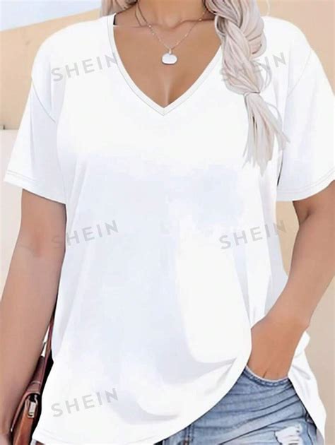 SHEIN Essnce Solid Color Simple V Neck Plus Size Women S Short Sleeve T