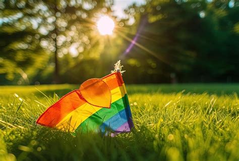 Bandeira do orgulho lgbt arco íris na grama o sol brilhando ao