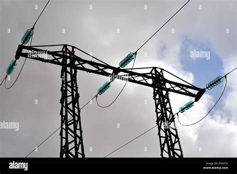 High Voltage Three Phase Electrical Power Lines With Glass Insulators