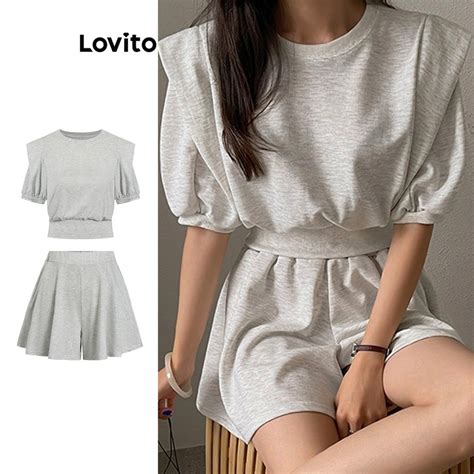 Lovito Casual Plain Puff Sleeve Elastic Waist Shorts Sets For Women