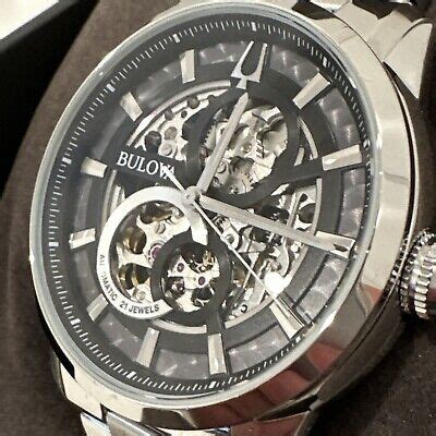 Bulova Men S Automatic Skeleton Dial Silver Tone Band Watch Mm A