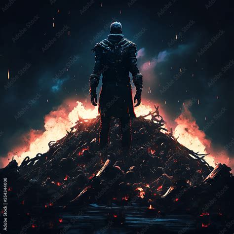 A Man Standing On A Pile Of Burning Dead Bodies Digital Artwork Stock