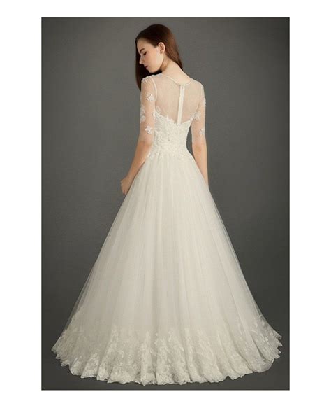 Modest A Line Scoop Neck Floor Length Tulle Wedding Dress With