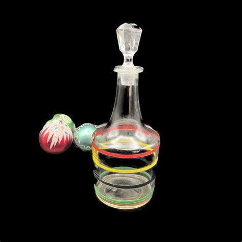 Vintage Glass Decanter With Multi Color Banded Rings Glass Stopper