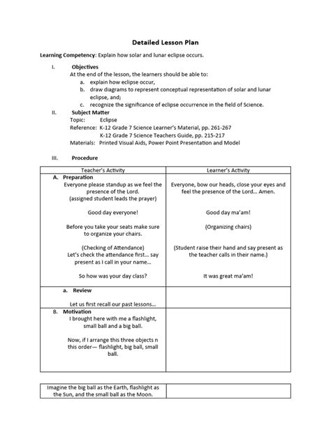 Detailed Lesson Plan Science Pdf Solar Eclipse Shadow