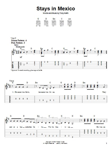 Stays In Mexico By Toby Keith Easy Guitar Tab Guitar Instructor