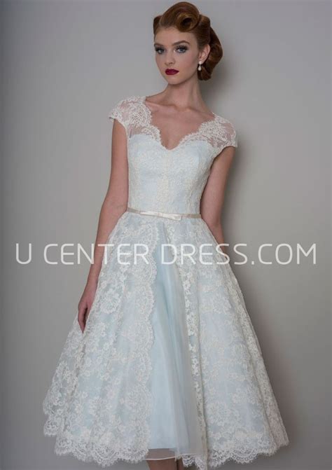 A Line Knee Length Appliqued V Neck Cap Sleeve Lace Wedding Dress Tea