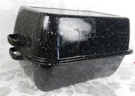 Vtg Black Graniteware Roaster Pan Speckled Enamel Roasting Pan W Lid 17