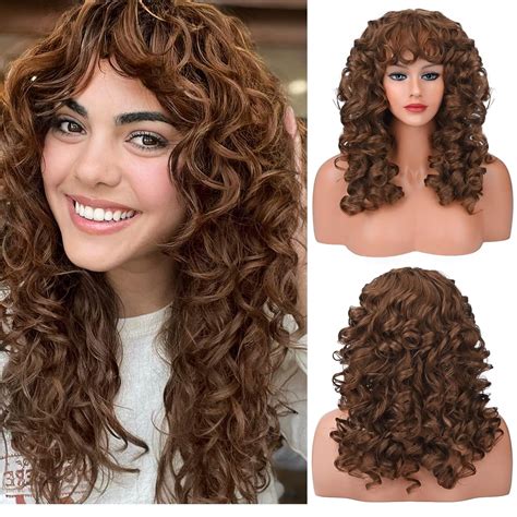 Lonai Curly Wig With Bangs For Women Long Ginger Light Brown Wigs With Bangs For