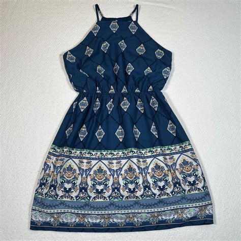 Monteau Womens Size Small Blue Blue Floral Print Halter Neck Fit And