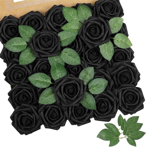 Artificial Flowers Black Rose 25Pcs Real Looking Fake Roses W/Stem For