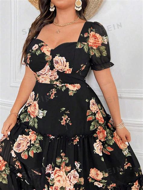 Shein Privé Plus Size Chiffon Floral Print Vacation Maxi Dress With Cup