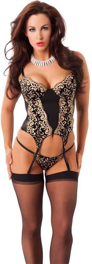 Corset Zwart Goud Met String En Bijpassende Kousen Maat L