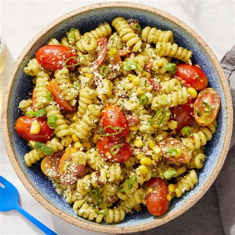 Pesto Fusilli Pasta With Fresh Tomatoes Corn Recipe Italian Corn