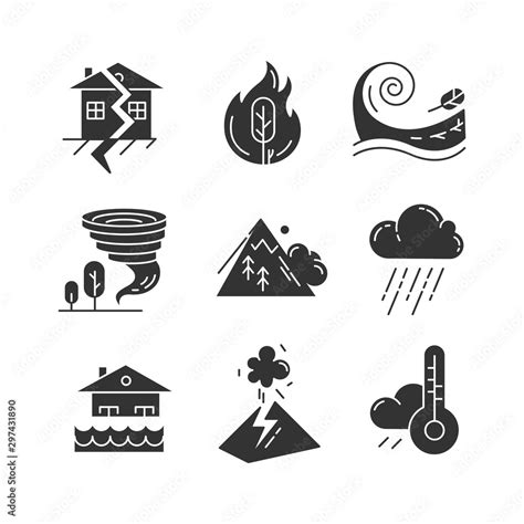 Natural Disaster Glyph Icons Set Global Catastrophes Earthquake