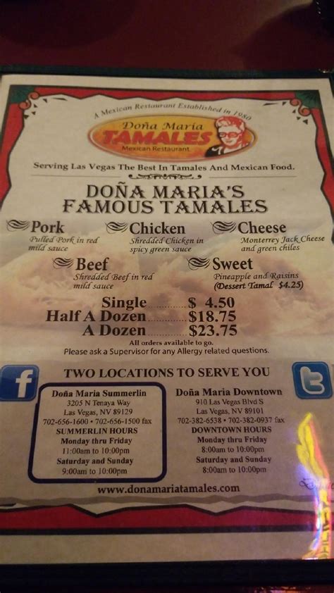 Menu at Dona Maria Tamales-Northwest restaurant, Las Vegas, N Tenaya Way