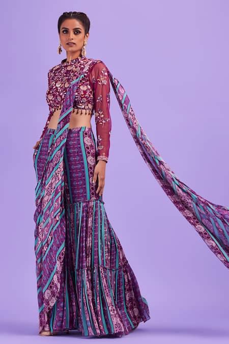 Buy Purple Top Cotton Silk And Tulle Printed Floral Gharara Pant Saree