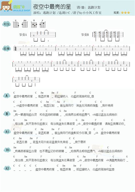 逃跑计划《夜空中最亮的星》尤克里里谱c调六线尤克里里谱 虫虫吉他谱免费下载