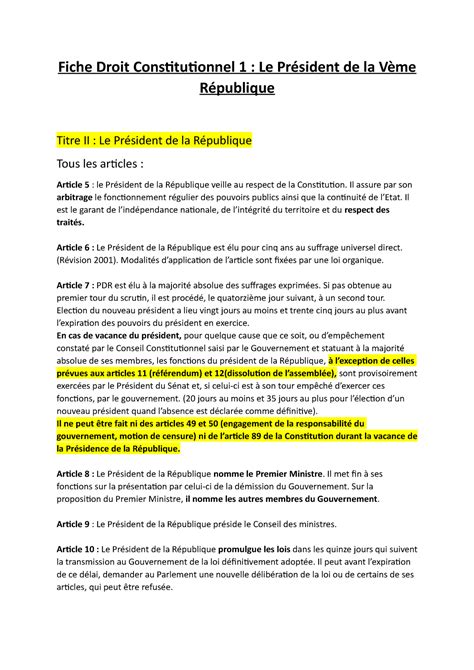 Président de la Vème Fiche Droit Constitutionnel 1 Le Président de