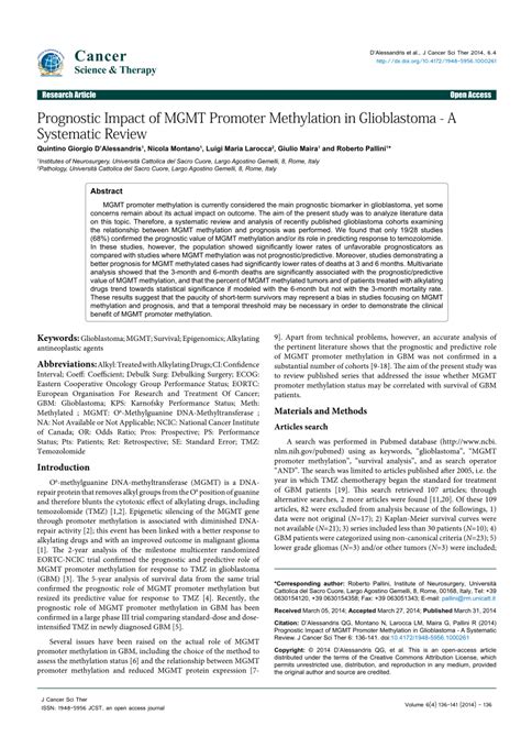 Pdf Prognostic Impact Of Mgmt Promoter Methylation In Glioblastoma A