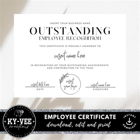 Employee Appreciation Certificate Template, INSTANT DOWNLOAD, Printable ...