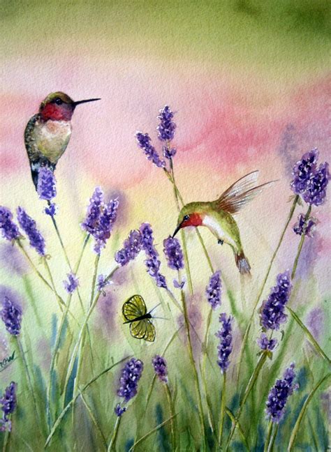 Hummingbirds And Lavender Print Of My Original Watercolor Bird Art