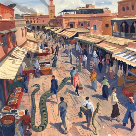 A Painting Of A Crowded Market With A Snake Slithering Through The