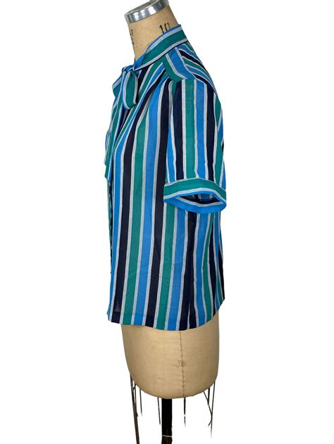 S Striped Semi Sheer Blouse With Pussy Bow By College Town Etsy