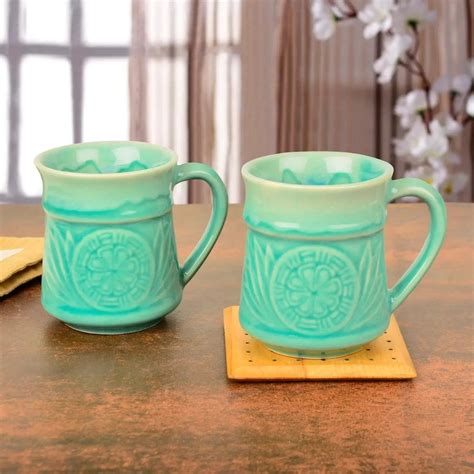 Round Green Studio Pottery Ceramic Coffee Mugs For Home Capacity 350