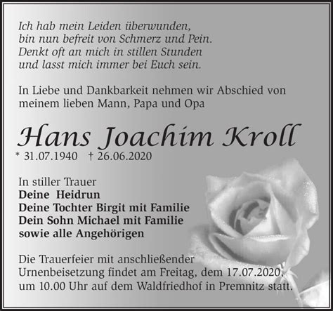 Traueranzeigen von Hans Joachim Kroll Märkische Onlinezeitung